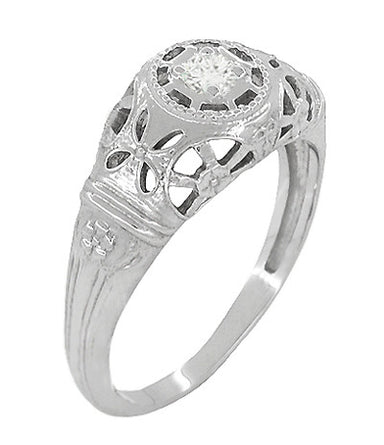 Low Dome Art Deco Filigree White Sapphire Ring in 14 Karat White Gold - alternate view