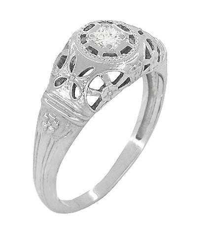 Low Dome Art Deco Filigree White Sapphire Ring in 14 Karat White Gold - Item: R428WWS - Image: 2