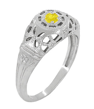 Art Deco Floral Filigree Low Dome Yellow Sapphire Ring in 14 Karat White Gold - Item: R428WYES - Image: 3
