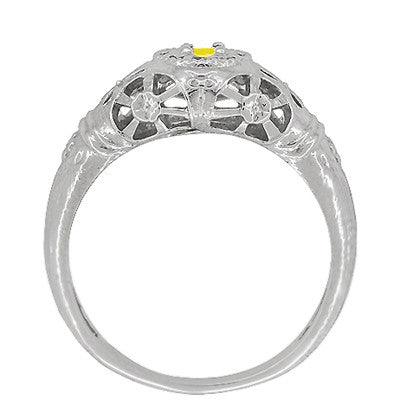 Art Deco Floral Filigree Low Dome Yellow Sapphire Ring in 14 Karat White Gold - Item: R428WYES - Image: 4