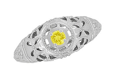 Art Deco Floral Filigree Low Dome Yellow Sapphire Ring in 14 Karat White Gold - Item: R428WYES - Image: 5