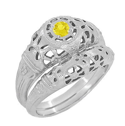 Art Deco Floral Filigree Low Dome Yellow Sapphire Ring in 14 Karat White Gold - Item: R428WYES - Image: 6