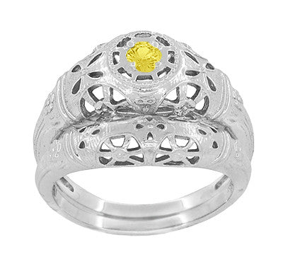 Art Deco Floral Filigree Low Dome Yellow Sapphire Ring in 14 Karat White Gold - Item: R428WYES - Image: 7