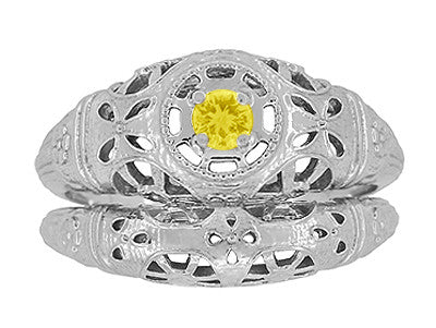 Art Deco Floral Filigree Low Dome Yellow Sapphire Ring in 14 Karat White Gold - Item: R428WYES - Image: 8