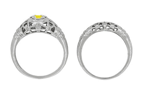 Art Deco Floral Filigree Low Dome Yellow Sapphire Ring in 14 Karat White Gold - Item: R428WYES - Image: 9
