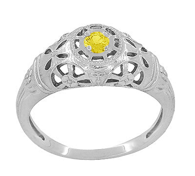 Art Deco Floral Filigree Low Dome Yellow Sapphire Ring in 14 Karat White Gold - Item: R428WYES - Image: 2