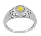 Art Deco Floral Filigree Low Dome Yellow Sapphire Ring in 14 Karat White Gold