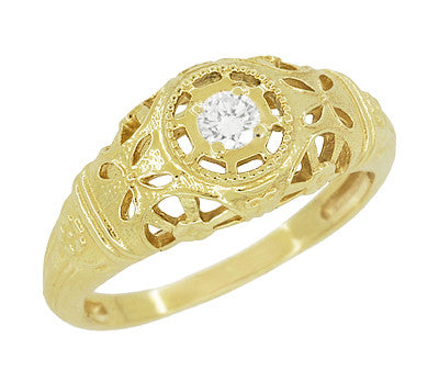 Yellow Gold Art Deco Low Dome Open Filigree Flowers Diamond Engagement Ring
