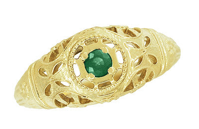 Art Deco Filigree Emerald Ring in 14 Karat Yellow Gold - Item: R428YE - Image: 4