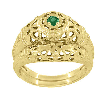 Art Deco Filigree Emerald Ring in 14 Karat Yellow Gold - Item: R428YE - Image: 6