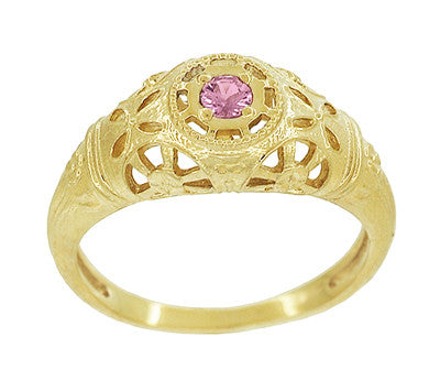 Art Deco Filigree Pink Sapphire Ring in 14 Karat Yellow Gold - Item: R428YPS - Image: 3