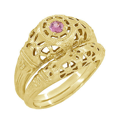 Art Deco Filigree Pink Sapphire Ring in 14 Karat Yellow Gold - Item: R428YPS - Image: 5