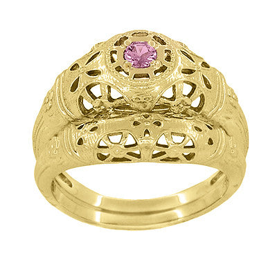 Art Deco Filigree Pink Sapphire Ring in 14 Karat Yellow Gold - Item: R428YPS - Image: 6
