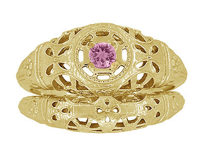 Art Deco Filigree Pink Sapphire Ring in 14 Karat Yellow Gold - Item: R428YPS - Image: 7