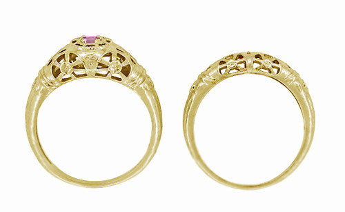 Art Deco Filigree Pink Sapphire Ring in 14 Karat Yellow Gold - Item: R428YPS - Image: 8