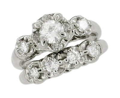 Mid Century Diamond Antique Wedding Ring Set in 14 Karat White Gold