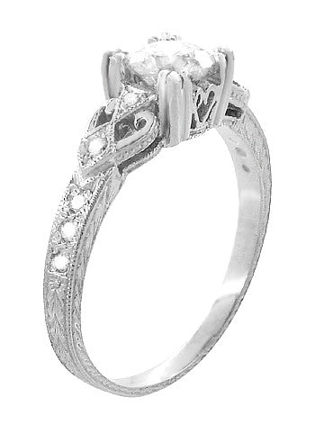 Vintage Diamond Engagement Ring with Hearts on Sides and Wheat Engraving Filigree - 3/4 Ct White Gold - R459DR75