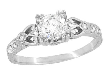 Vintage Diamond Engagement Ring with Hearts on Sides, Engraving and Filigree - 3/4 Carat White Gold - R459DR75