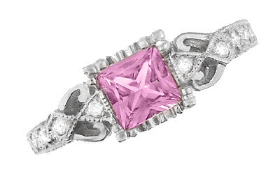 Loving Hearts Princess Cut Pink Sapphire Antique Style Engraved Engagement Ring in Platinum - Item: R459PPS - Image: 4