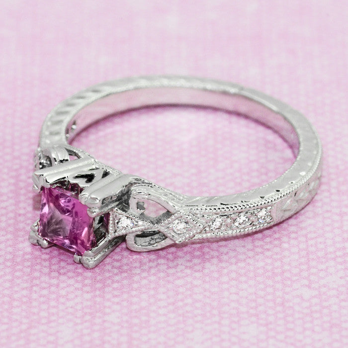Loving Hearts Princess Cut Pink Sapphire Antique Style Engraved Engagement Ring in Platinum - Item: R459PPS - Image: 7