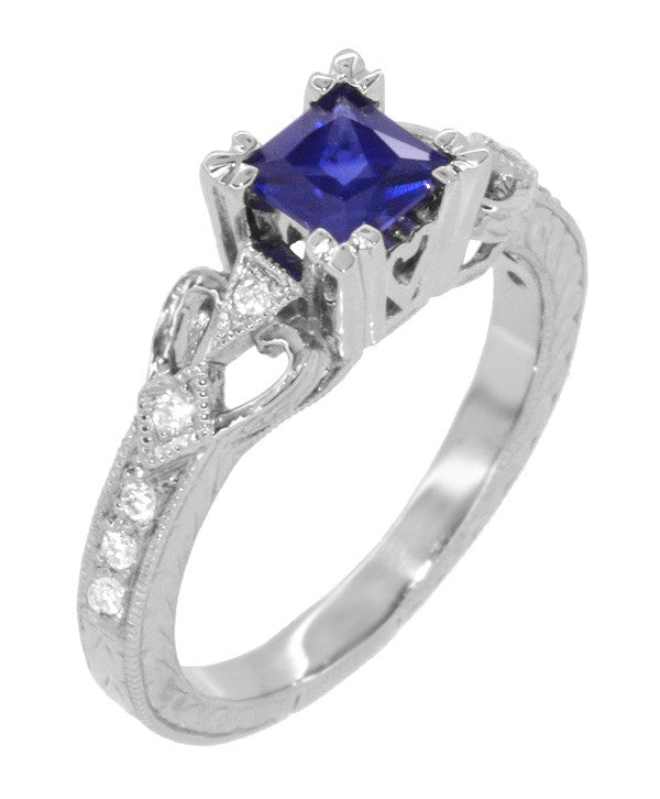 Art Deco Loving Hearts Princess Cut Blue Sapphire Vintage Style Engraved Engagement Ring in Platinum - Item: R459PS - Image: 3