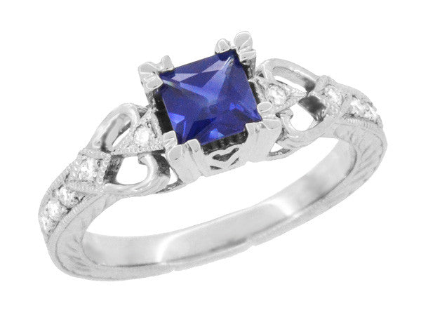 Art Deco Loving Hearts Princess Cut Blue Sapphire Vintage Style Engraved Engagement Ring in Platinum - Item: R459PS - Image: 2