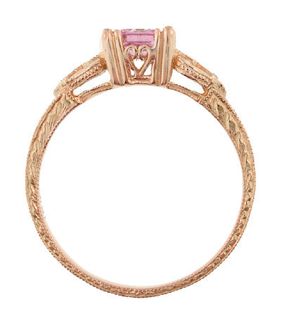 Loving Hearts Princess Cut Pink Sapphire Antique Style Engraved Engagement Ring in 14 Karat Rose ( Pink ) Gold - Item: R459RPS - Image: 4