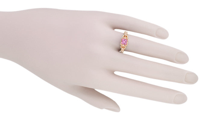 Loving Hearts Princess Cut Pink Sapphire Antique Style Engraved Engagement Ring in 14 Karat Rose ( Pink ) Gold - Item: R459RPS - Image: 5