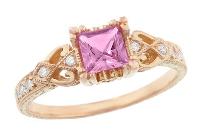 Loving Hearts Princess Cut Pink Sapphire Antique Style Engraved Engagement Ring in 14 Karat Rose ( Pink ) Gold