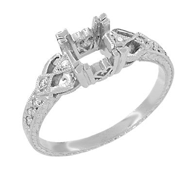 Art Deco Antique Style Loving Hearts Engraved Engagement Ring Mounting for a 1 Carat Round or Princess Cut Diamond in White Gold - 14K or 18K - Item: R459W1K14 - Image: 2