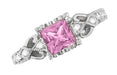 Loving Hearts Art Deco Antique Style Engraved Princess Cut Pink Sapphire Engagement Ring in 18 Karat White Gold