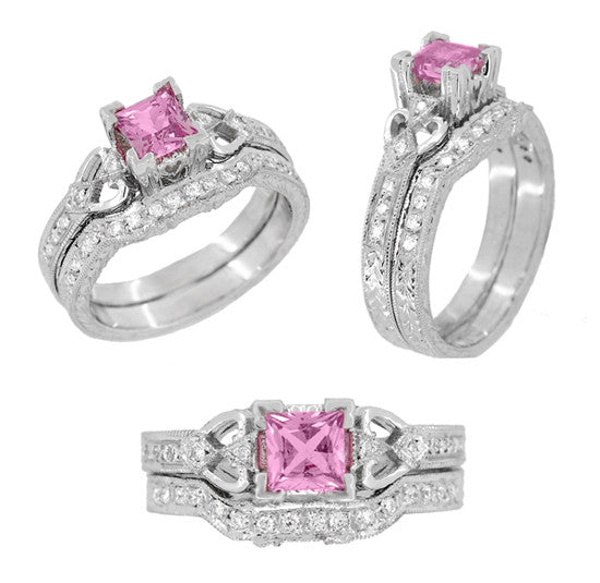 Loving Hearts Art Deco Antique Style Engraved Princess Cut Pink Sapphire Engagement Ring in 18 Karat White Gold - Item: R459WPS - Image: 5