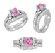 Loving Hearts Art Deco Antique Style Engraved Princess Cut Pink Sapphire Engagement Ring in 18 Karat White Gold