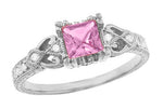 Loving Hearts Art Deco Antique Style Engraved Princess Cut Pink Sapphire Engagement Ring in 18 Karat White Gold