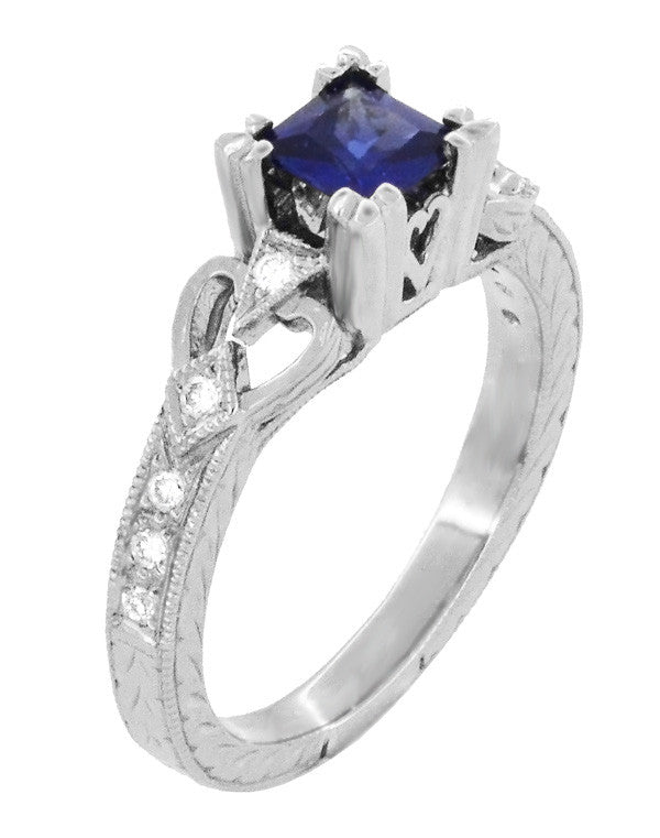Vintage Inspired Loving Hearts Square Princess Cut Blue Sapphire Carved Art Deco Engagement Ring in 18 Karat White Gold - Item: R459WS - Image: 3