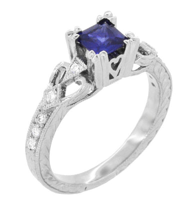 Vintage Inspired Loving Hearts Square Princess Cut Blue Sapphire Carved Art Deco Engagement Ring in 18 Karat White Gold - alternate view