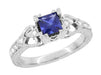 Vintage Inspired Loving Hearts Square Princess Cut Blue Sapphire Carved Art Deco Engagement Ring in 18 Karat White Gold