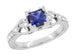 Vintage Inspired Loving Hearts Square Princess Cut Blue Sapphire Carved Art Deco Engagement Ring in 18 Karat White Gold