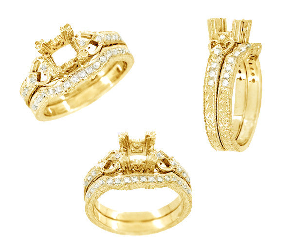 Loving Hearts Yellow Gold 3/4 Carat Round or Princess Cut Diamond Engraved Antique Style Engagement Ring Setting - Item: R459Y14 - Image: 4