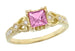 Art Deco Loving Hearts Antique Style Princess Cut Pink Sapphire Engraved Engagement Ring in 18 Karat Yellow Gold