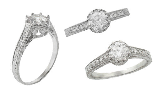 Royal Crown 3/4 Carat Antique Style Engraved Engagement Ring Setting in White Gold - 6mm - Item: R460W14 - Image: 3