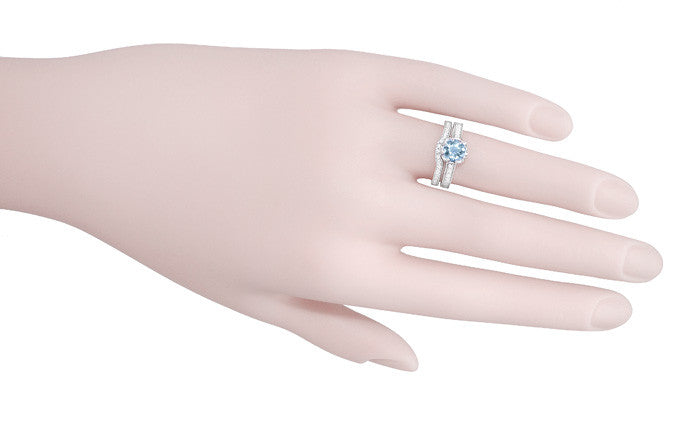 Royal Crown 1 Carat Aquamarine Antique Style Engraved Engagement Ring in 18 Karat White Gold - Item: R460A - Image: 6