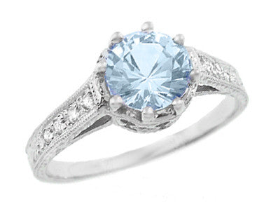 Royal Crown 1 Carat Aquamarine Antique Style Engraved Engagement Ring in 18 Karat White Gold - Item: R460A - Image: 2