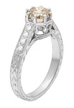 Art Deco Crown 1 Carat Champagne Diamond Engagement Ring in 18 Karat White Gold