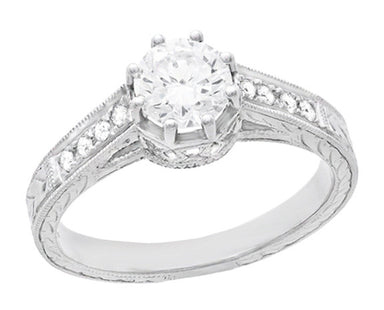 Royal Crown 1/2 Carat Antique Style Engraved Engagement Ring in 18 Karat White Gold - alternate view
