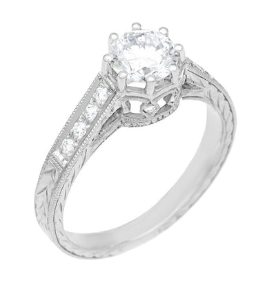 Royal Crown 1/2 Carat Antique Style Engraved Engagement Ring in 18 Karat White Gold