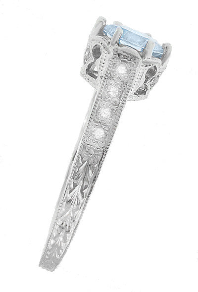 Platinum 1 Carat Aquamarine Royal Crown Antique Style Engraved Engagement Ring - Item: R460PA - Image: 3