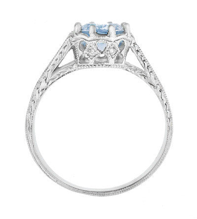 Platinum 1 Carat Aquamarine Royal Crown Antique Style Engraved Engagement Ring - Item: R460PA - Image: 4