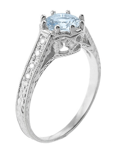 Platinum 1 Carat Aquamarine Royal Crown Antique Style Engraved Engagement Ring - alternate view