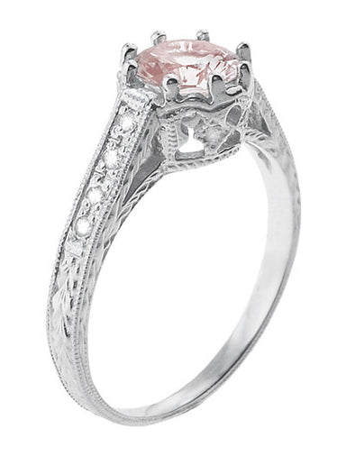 Art Deco Royal Crown Antique Style 1 Carat Morganite Engraved Engagement Ring in Platinum - alternate view